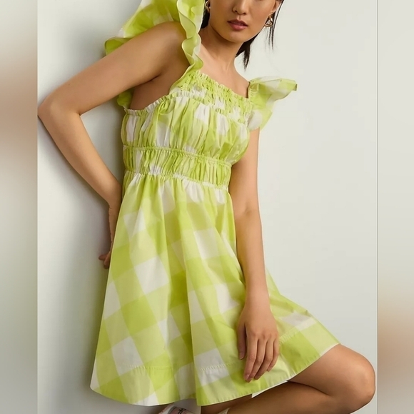 Maeve Square Neck Flutter Sleeve Mini Dress in Chartreuse Check Sz Lg Petite NWT - Picture 5 of 7